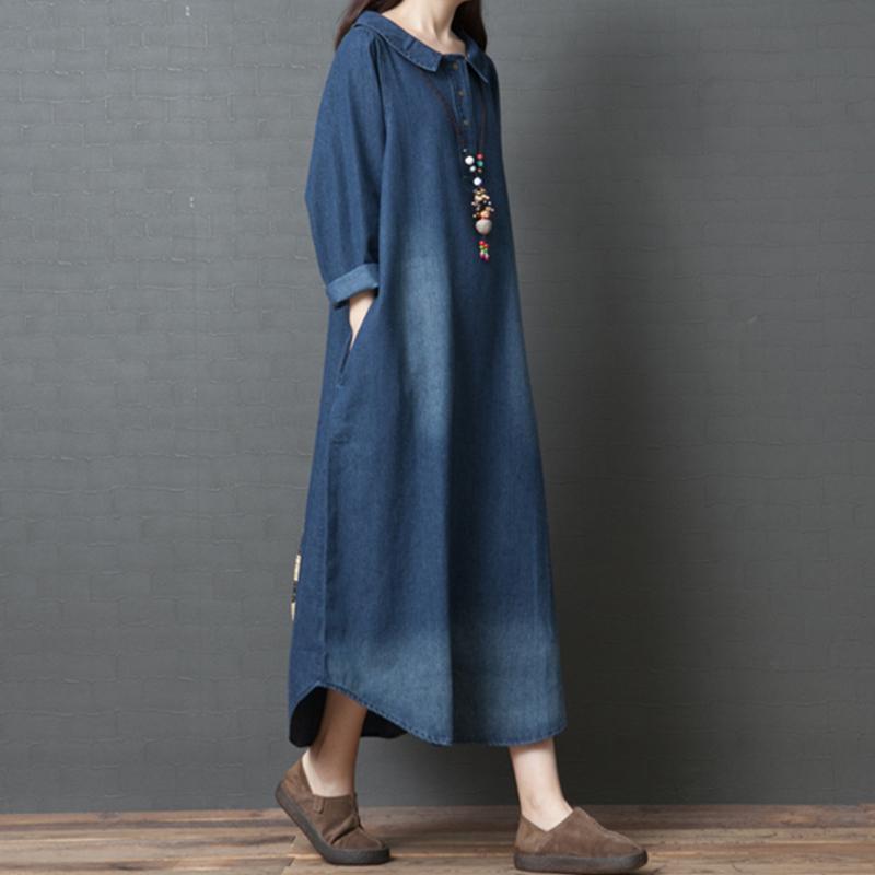 Casual retro loose long sleeve denim shirt dress – fadlk