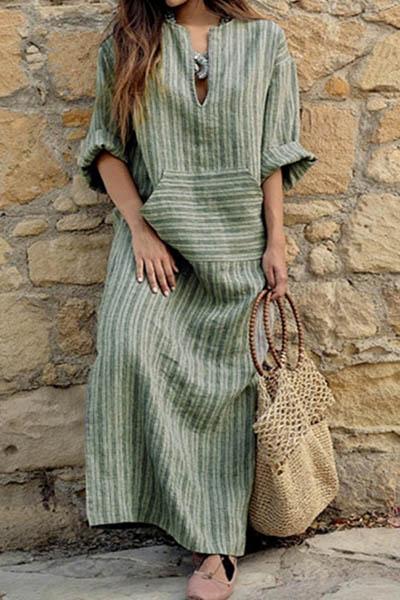 casual loose cotton and linen yarn-dyed striped dress – fadlk